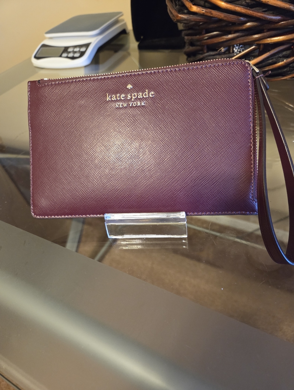 Kate Spade Plum Leather Wristlet With Gold Logo NWOT